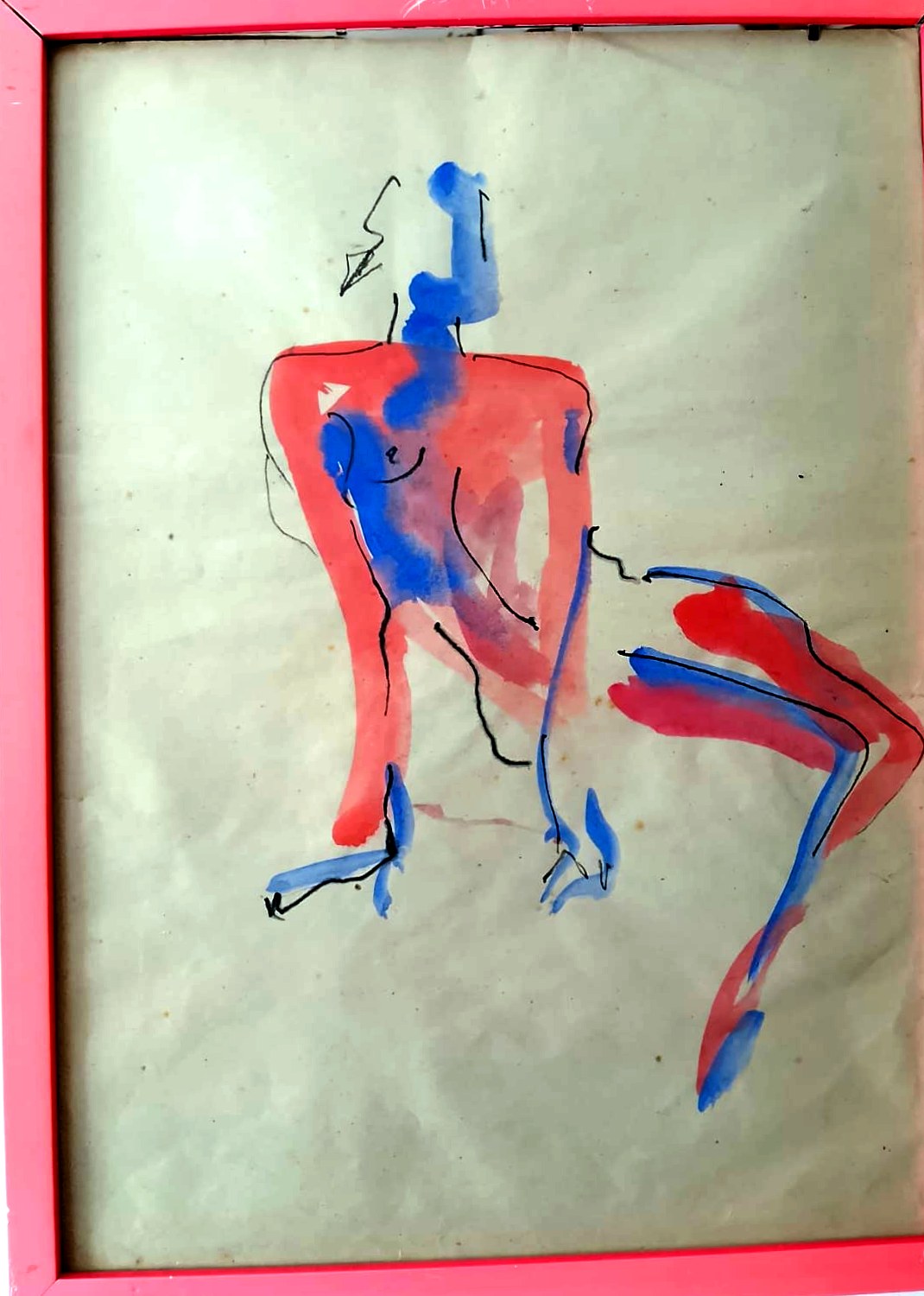 Desnudo en rojo y azul — Tinta y acuarela sobre papel, obra de Aurora Barney Durán